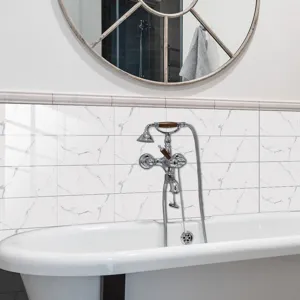 Waterproof marble pattern tile sticker for bathroom wall decor, self-adhesive wall paper detail.