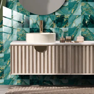 Detailed view of luxury green and gold marble texture wall tile sticker in modern bathroom decor.