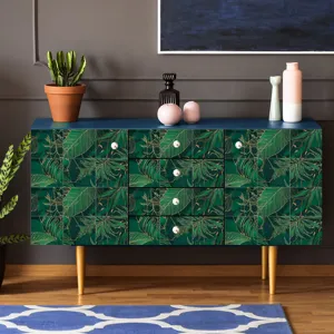 Green and gold tropical leaf tile sticker, self-adhesive waterproof wallpaper for home decor.