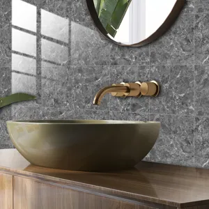 Close up of grey marble texture wall tile sticker in modern bathroom decor scene detail view