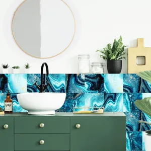 Blue marble tile stickers detail view, waterproof self-adhesive wall paper for home decor.