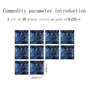 Blue gold marble tile stickers self adhesive waterproof wall decor 10pcs set 15x15cm