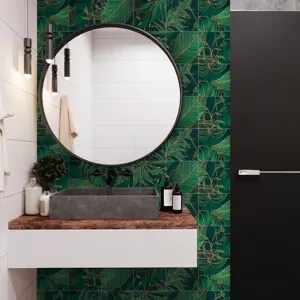 Green gold leaf self-adhesive tile sticker waterproof wall wallpaper for home decor bathroom.