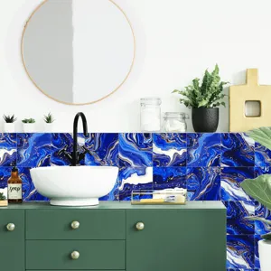 Detail view of blue marble texture tile stickers, perfect for modern bathroom decor update.