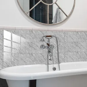 Detailed shot of gray marble texture tile sticker installed in a modern bathroom wall scene.