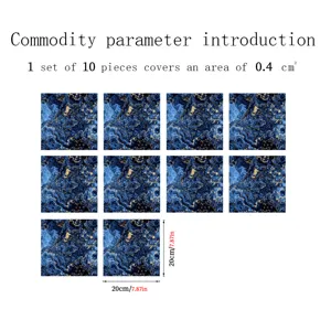 Blue marble tile sticker detail view, self-adhesive waterproof wall decor, 20x20cm.