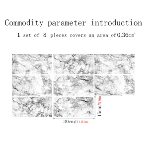 Marble pattern crystal film tile sticker detail view, showing size parameters and piece details.