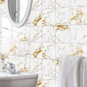 Detail view of white and gold marble pattern crystal tile sticker, perfect for wall decor.