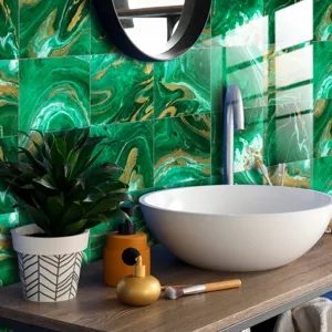 Detailed view of green and gold marble texture tile stickers, waterproof crystal film finish.