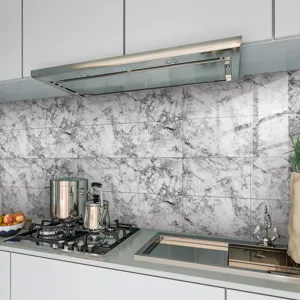 Detail shot of imitation marble crystal film tile sticker, elegant kitchen wall decoration.