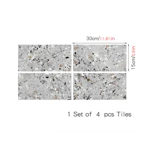 Grey terrazzo tile stickers self-adhesive PVC wallpaper for home decor, 4 pieces set 30x15cm.