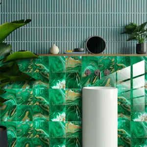 Green marble tile sticker self-adhesive waterproof wall decor for bathroom interior detail view