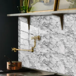 Marble texture tile sticker detail shot, showing realistic stone pattern and glossy crystal film finish.