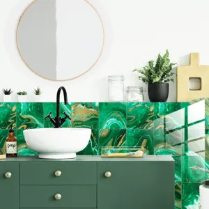 Close-up of green marble tile sticker scene in modern bathroom decor, waterproof wall film detail.