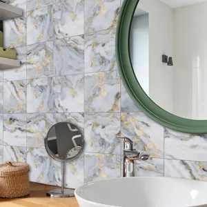 Marble texture wall sticker detail showing elegant grey and white self adhesive tile decor.
