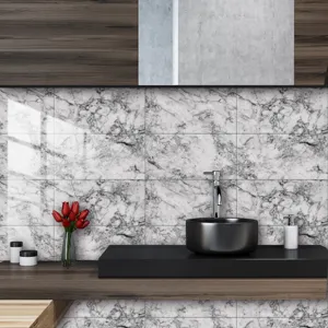 Marble texture tile sticker detail showing modern bathroom wall decoration effect.