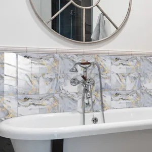 Marble effect crystal film tile sticker, self-adhesive wall decor for bathroom home interior.