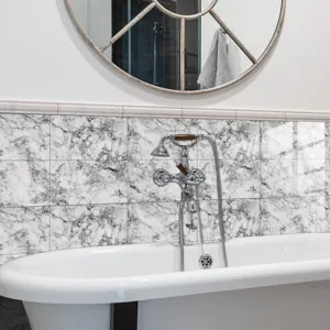 Marble pattern tile stickers waterproof self-adhesive wall paper for home bathroom decor.