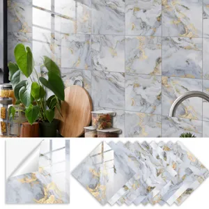 Close up view of waterproof self-adhesive marble tile stickers showing shiny crystal film texture.