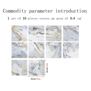 Detailed view of marble pattern crystal film tile stickers, showing 20x20cm size and 10pcs set.