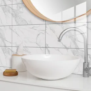 Detail view of waterproof marble texture tile sticker for home wall decor and renovation.