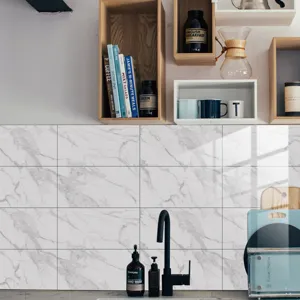 White marble tile stickers self adhesive waterproof kitchen wall decor peel and stick tile decal
