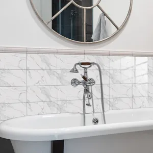 Waterproof marble effect tile sticker for bathroom wall decoration, detailed home upgrade view.
