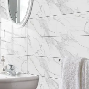 Close-up of white marble texture wall tile sticker in a modern bathroom detail scene.
