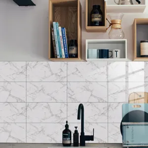 Marble effect waterproof tile sticker for kitchen wall decor, self-adhesive crystal film.