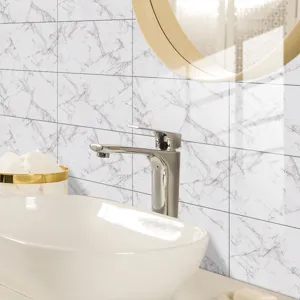 Marble pattern tile sticker detail view showing texture and waterproof surface effect.