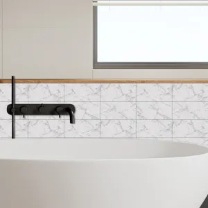 Detail shot of marble texture tile sticker in bathroom setting, waterproof wall decor self adhesive.