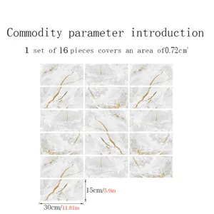 Marble pattern tile stickers self adhesive waterproof wall stickers 16 pieces set 15x30cm