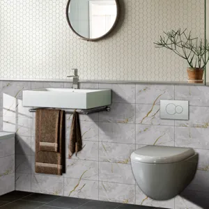 Detailed view of marble pattern wall sticker in a modern bathroom setup, waterproof decor.