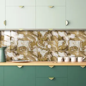 Detailed view of luxury brown marble kitchen tile stickers, waterproof self-adhesive wall decor.
