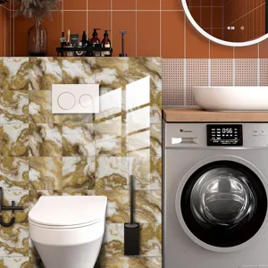 Detail shot of marble texture crystal film tile sticker in modern bathroom scene interior decor.