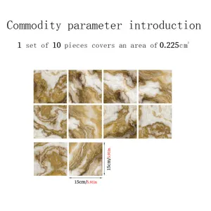 Marble effect crystal film tile sticker set of 10 pieces, 15x15cm self-adhesive wall decor.