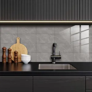 Grey marble tile sticker detail, self-adhesive waterproof wall decor for kitchen backsplashes.