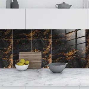 Detailed view of black and gold marble pattern wall tile sticker with crystal film finish.