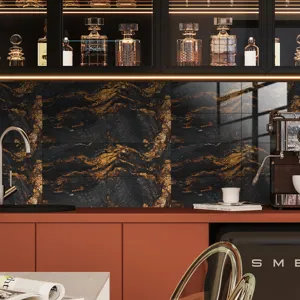 Detailed view of luxury black and gold marble tile sticker, waterproof kitchen backsplash decor.