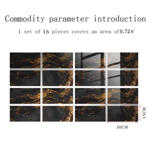 Detail view of 16-piece black and gold marble pattern tile stickers with crystal film.