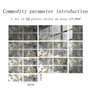 Marble texture crystal film wall tile stickers, 32 pieces set covering 1.44 square meters.