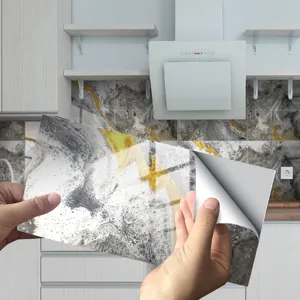 Close-up detail view of marble pattern tile sticker with crystal film, waterproof wall decor.
