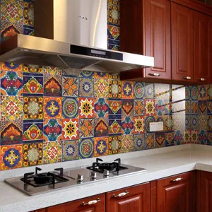 Mandala pattern tile sticker kitchen wall decor close-up view showing colorful self-adhesive design