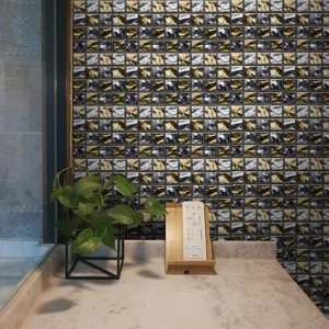Detail view of 3D mosaic wall tile sticker, self-adhesive DIY home decor design.