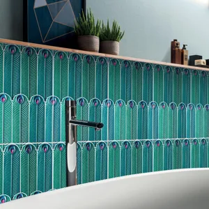 Peacock feather pattern tile sticker crystal film waterproof wall decor for bathroom renovation