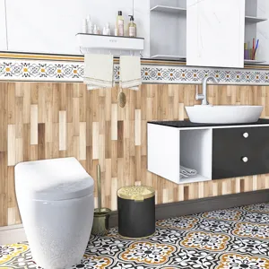 Wood grain texture tile sticker self-adhesive retro wall paper for bathroom home decor detail.