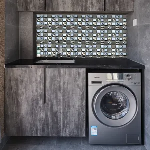 3D self-adhesive mosaic tile stickers waterproof wall decor for kitchen and laundry room use.
