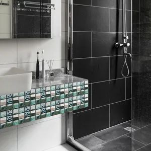 Detail view of 3d mosaic tile sticker in modern bathroom scene self adhesive wall decor