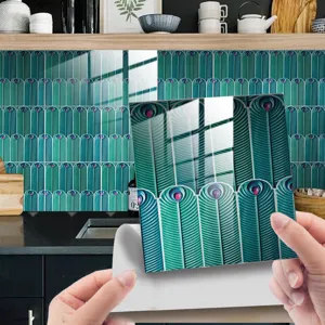 Peel and stick tile sticker with teal peacock feather pattern, glossy crystal film finish.