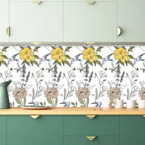 Vista dettagliata di adesivo murale botanico francese con motivo floreale e uccelli.